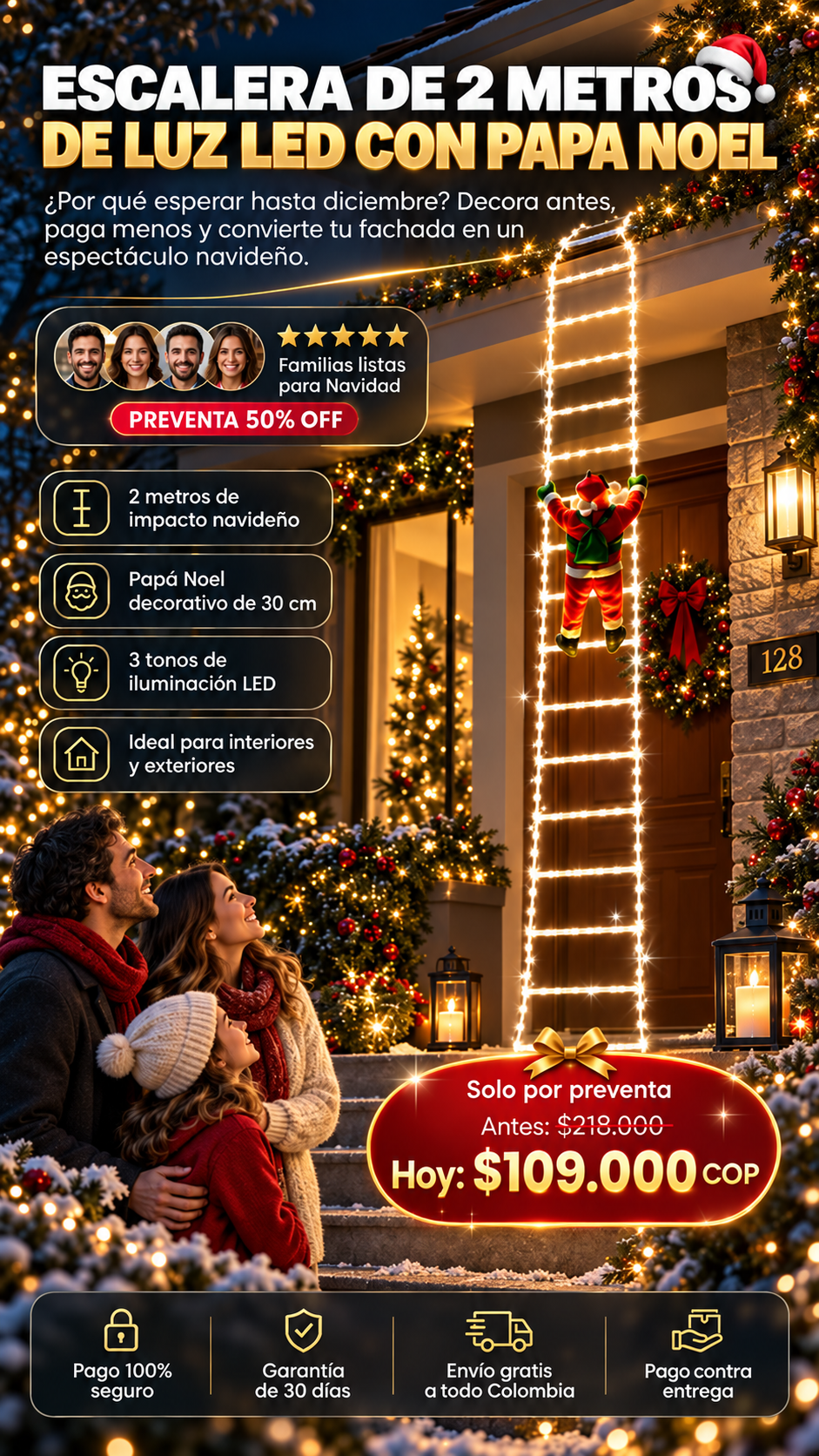 ESCALERA DE 2 METROS EN LUZ LED CON PAPA NOEL